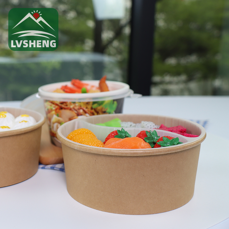 Mangkuk Kertas Kraft Kompos 100% Biodegradable Kanthi Tutup Mangkuk Salad Gedhe Pabrik Take Out